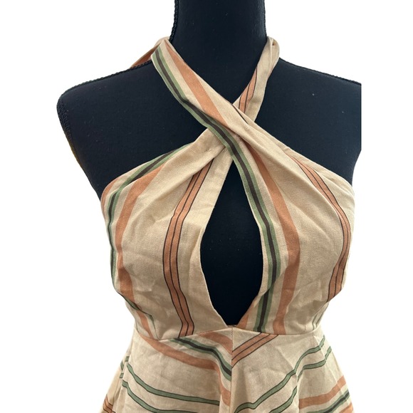 ZARA Striped Halter Neck Mini Dress Cutout Tan Green Orange XS - Picture 3 of 7